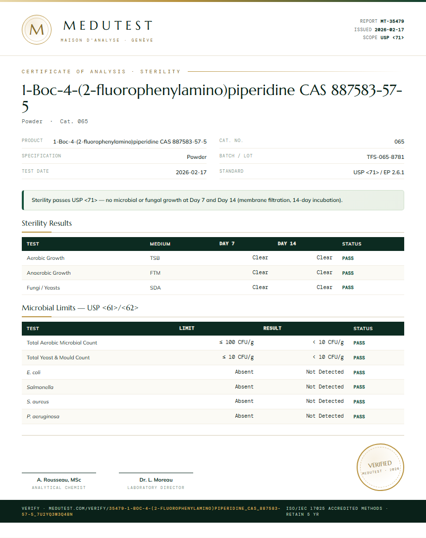 1-Boc-4-(2-fluorophenylamino)piperidine CAS 887583-57-5 Sterility report by Medutest